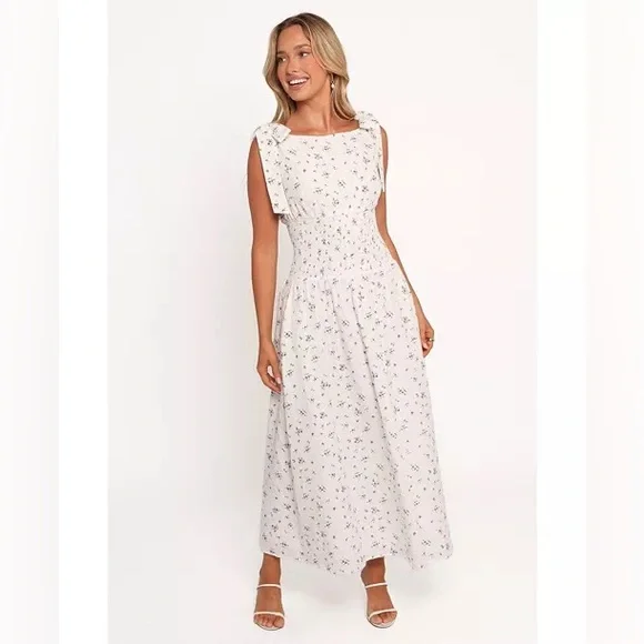 NWT Petal + Pup Leticia White/BlueFloral Tie-Shoulder Smocked Midi Dress size M - Picture 2 of 8